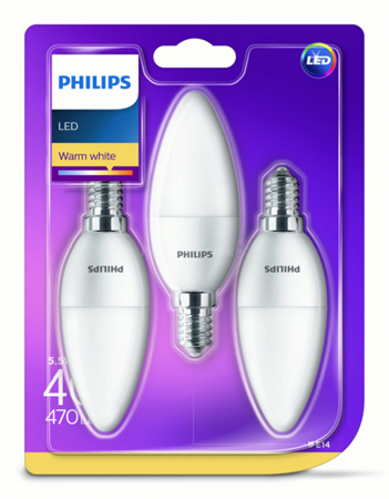 Sada 3 kusů žárovek LED Philips E14, świeca 5.5W , 2700K barva teplá, 470 lm 871869676128100